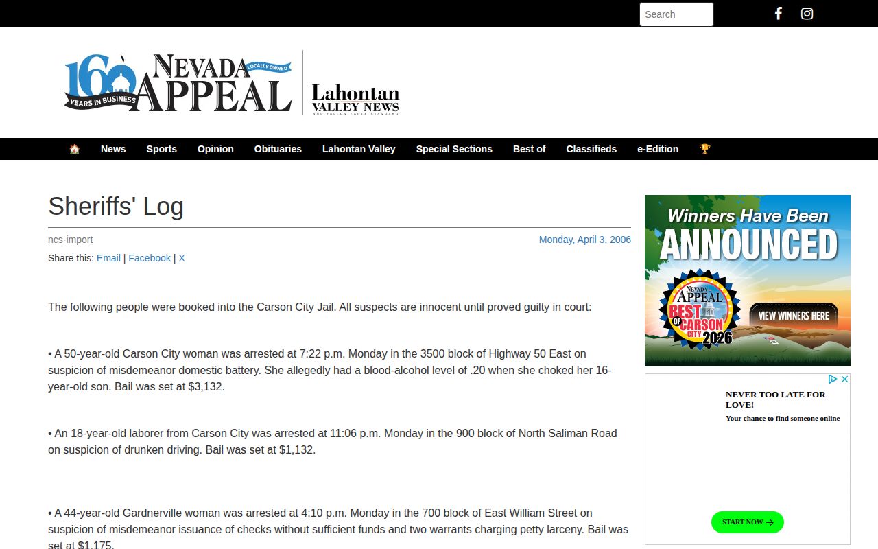 Carson City County historical Sheriff’s Log booking record screenshot