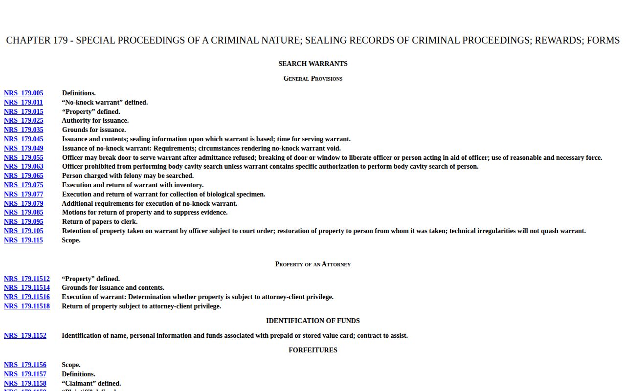 Nevada Revised Statutes record-sealing reference for Carson City booking records
